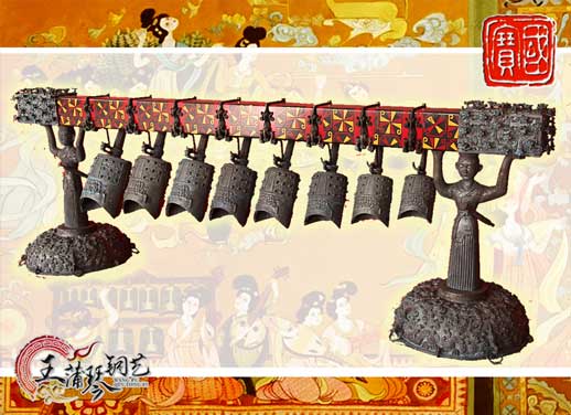 8件古編鐘，銅人銅座裝飾，可發(fā)音